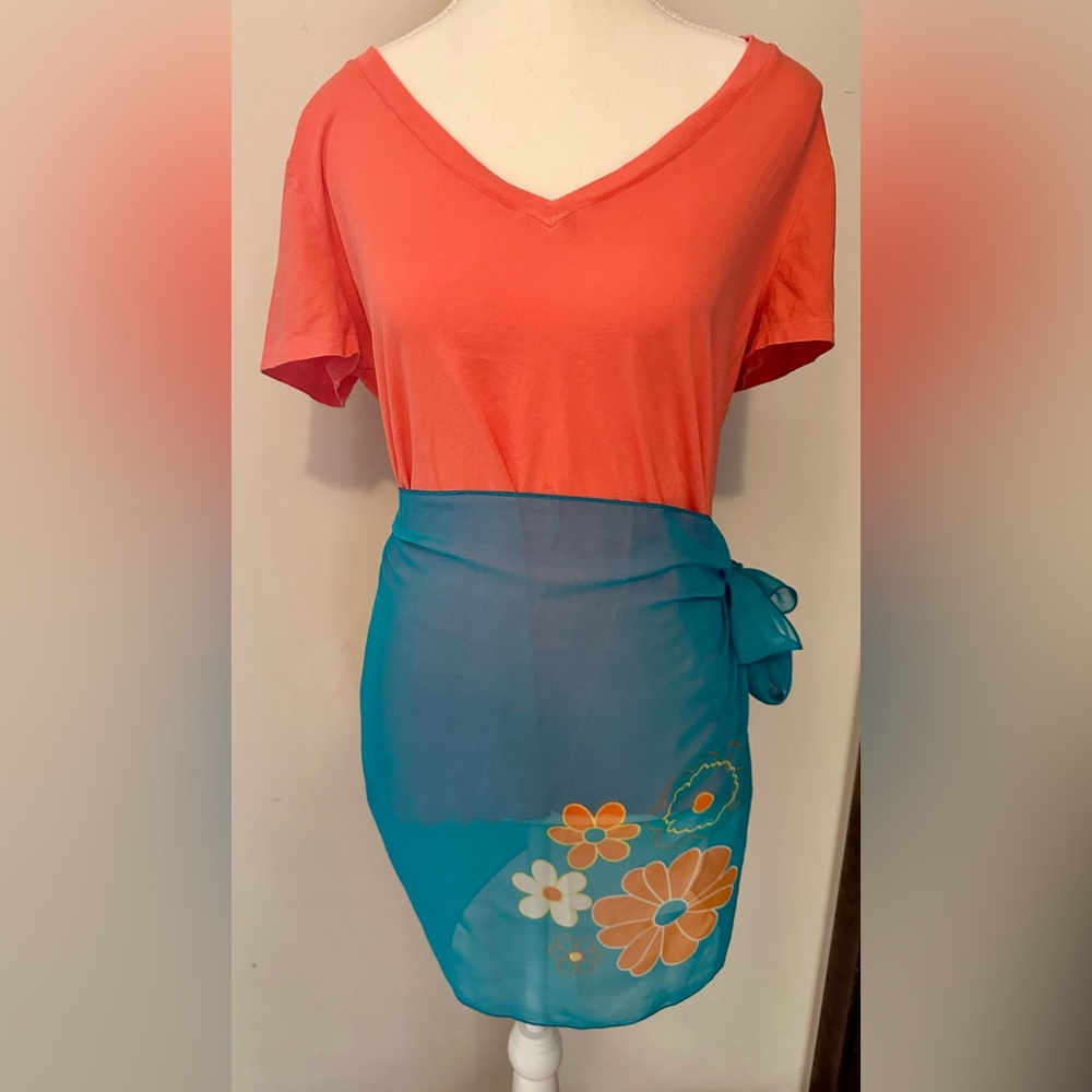 AVON Vintage Sheer Turquoise Floral Sarong 100% Polyester One Size